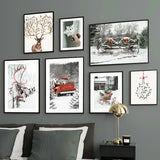 Christmas Red Car Girft Box Deer Snowflake Wall Art Canvas Painting Nordic Posters And Prints Wall Pictures For Living Room Home