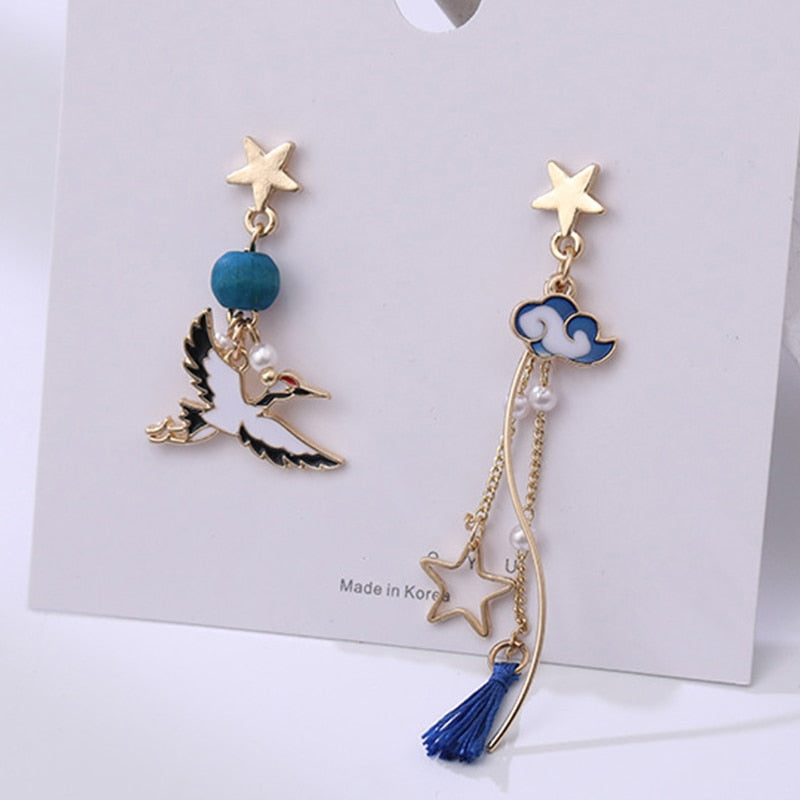 Korean Asymmetrical Cute Animal Cat Dangle Earrings Women Enamel Flower Rabbit Fan Star Moon Balloon Earrings Party Jewelry Gift