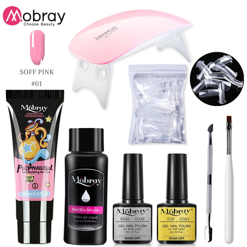 Mobray Poy UV Gel With UV LED Lamp Manicure Set Poly Nail Gel Polish Kit Nail Art Tools For Manicure Need Base Top Coat Nail Kit