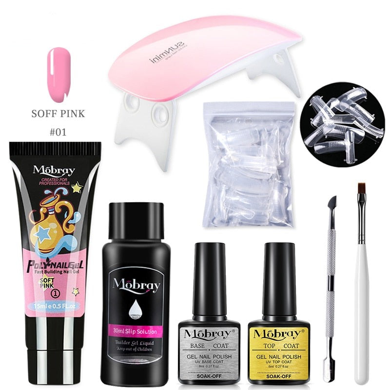 Mobray Poly Nail Gel Kit Nail Set With Nail Drying Lamp Base Top Coat Extension Gel Nail Kit Nail Tools Manicure Set