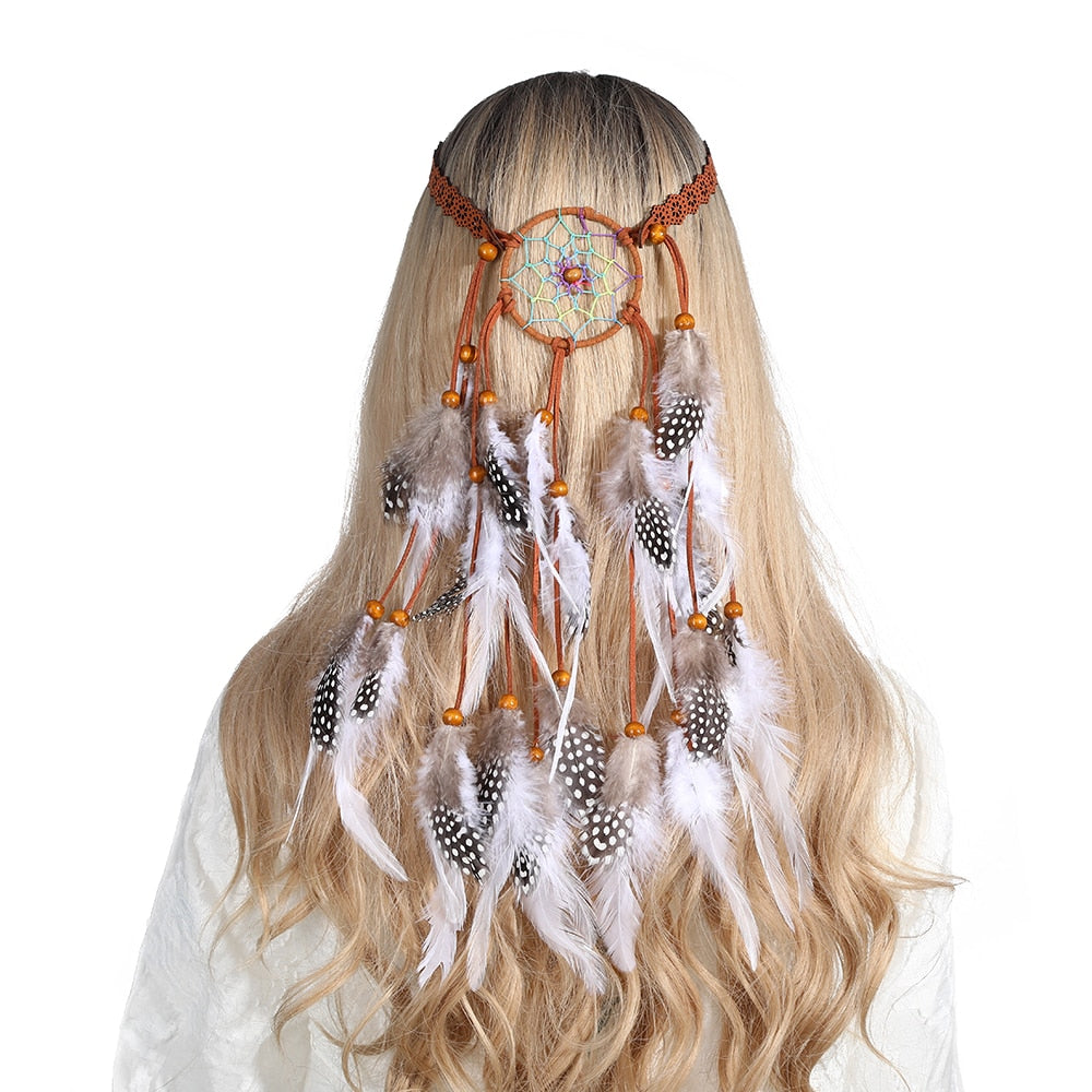 Fashion Boho Style Feather Headband Hairpiece Beads Feather Headdress Handmade Girls Hair Accessories High Quality