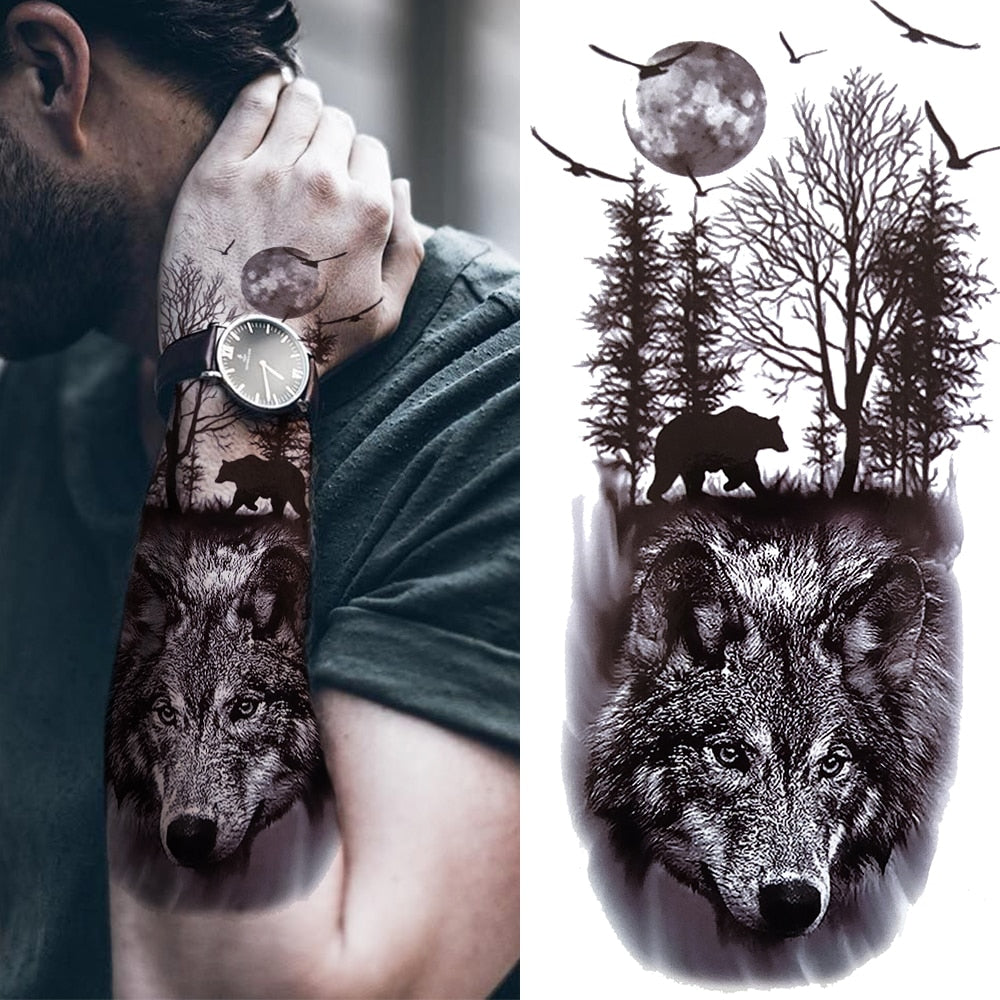 Black Forest Tattoo Sticker For Men Women Children Tiger Wolf Death Skull Temporary Tattoo Fake Henna Skeleton King Animal Tatoo