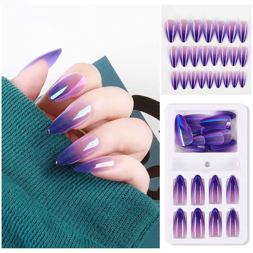 24 Pcs/Box False Nail Glitter Mirror Aurora Full Cover Nail Tips Coffin Fake Nails Gradient Nail DIY Decoration