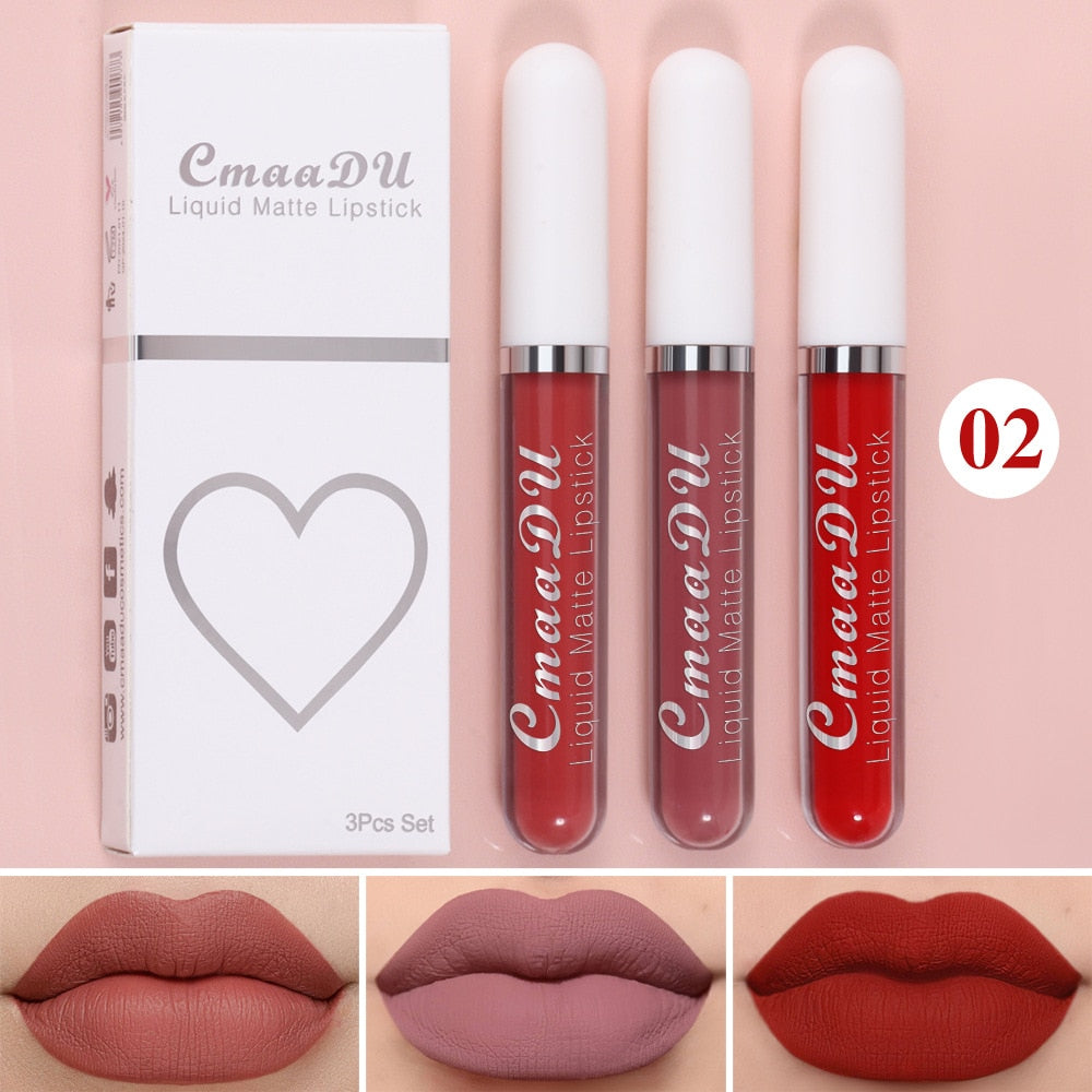 Waterproof Lip Gloss Velvet Matte Long-lasting Moisturizing Non-Fade Velvet Lipstick Lip Tint Women Cosmetics Makeup 3 Color/set