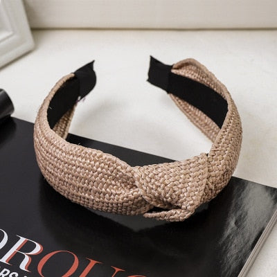 Straw Wide Sponge Plaid Knot Cross Hair Scarf Band Hairband for Women Girl Korea Headbands Fashion Accessorie