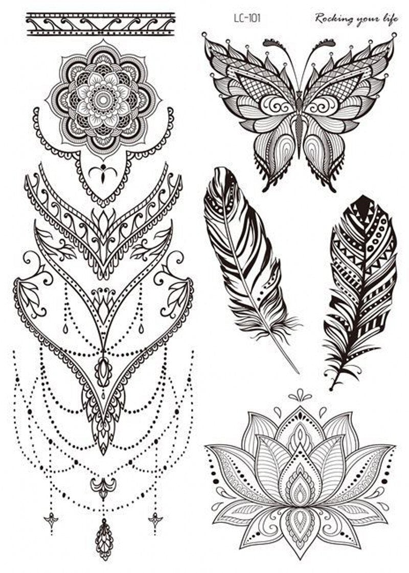 Mandala Flower Tattoo Sticker Black Retro Temporary Waterproof Lasting Hand Back Pattern Body Arm Legs Clavicle Tattoo Sticker