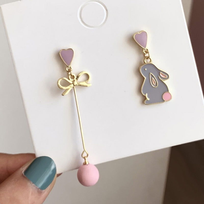 Korean Asymmetrical Cute Animal Cat Dangle Earrings Women Enamel Flower Rabbit Fan Star Moon Balloon Earrings Party Jewelry Gift