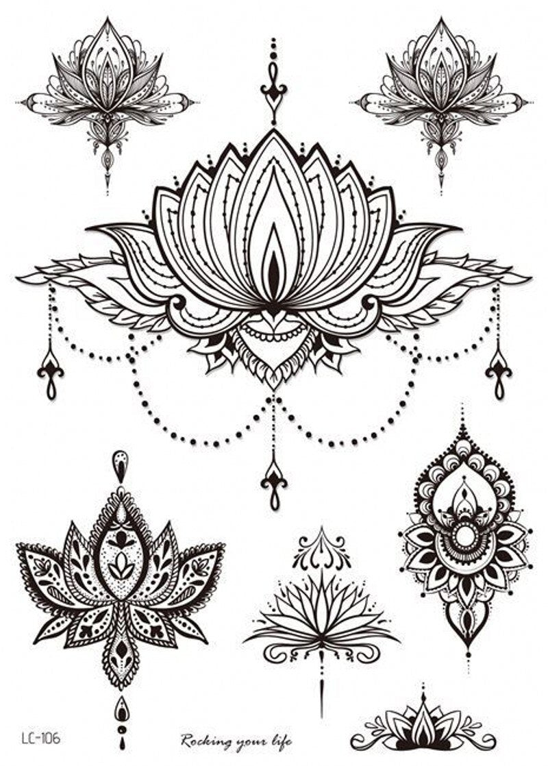 Mandala Flower Tattoo Sticker Black Retro Temporary Waterproof Lasting Hand Back Pattern Body Arm Legs Clavicle Tattoo Sticker