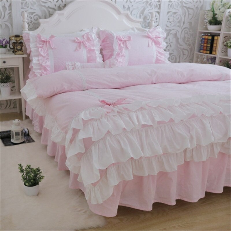 New luxury layers bedding set sweet princess bow ruffle duvet cover wedding bedding pink bed sheet girl baby bed skirt cover