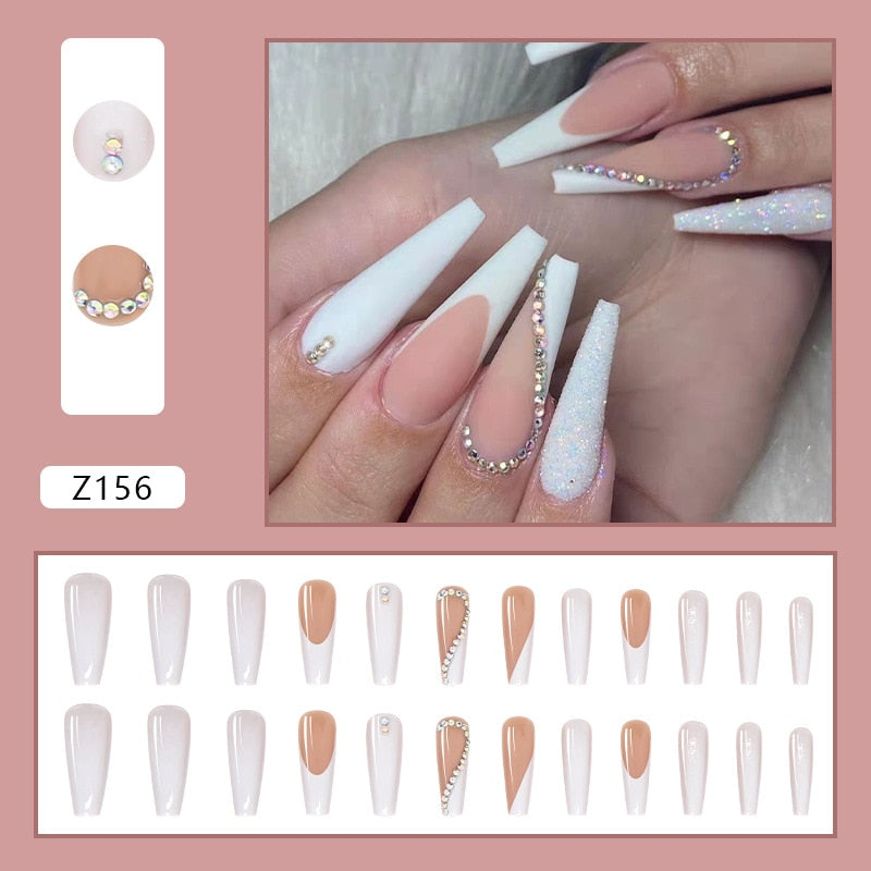 24pcs False Nails Nude Gradient Nail Patch Rhinestone Inlaid Press On Nails Removable Long Paragraph Fashion Manicure nail tips