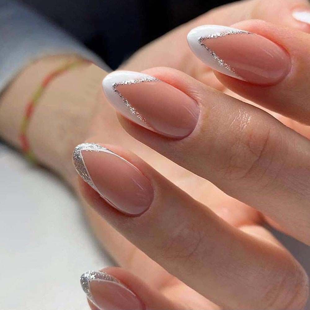 24Pcs Oval Head False Nails Pink Almond Artificial Fake Nails With Glue Full Cover Nail Tips Press On Nails DIY Manicure Tools