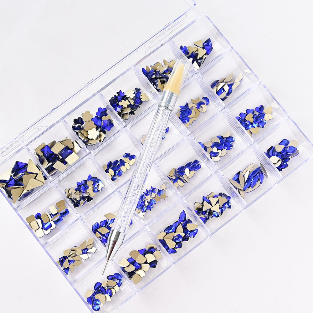 2000PC (20*100) Crystal AB Rhinestone In Grids 20Shape Flat- Back Nail Art Rhinestone With 1 Pick Up Pen In Clear Big Box