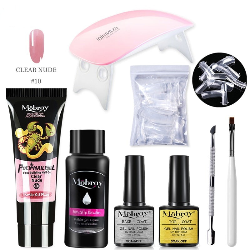 Mobray Poly Nail Gel Kit Nail Set With Nail Drying Lamp Base Top Coat Extension Gel Nail Kit Nail Tools Manicure Set