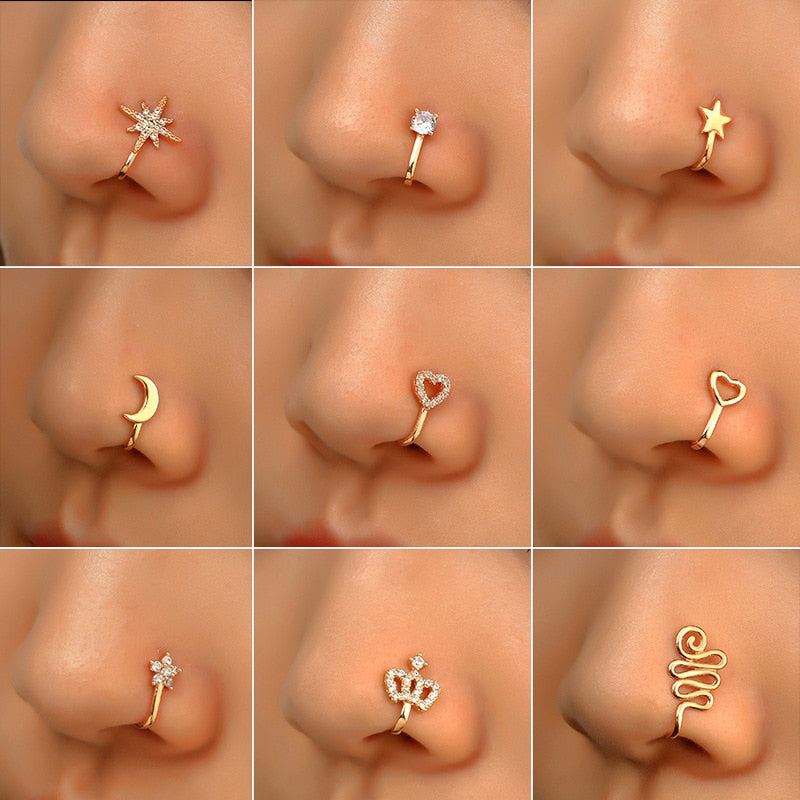 1Pc Fake Nose Studs Piercing Ring CZ Crystal Nose Cuff Women Punk Wire Spiral Nose Cuffclip Star Heart Nose Ring Body Jewelry