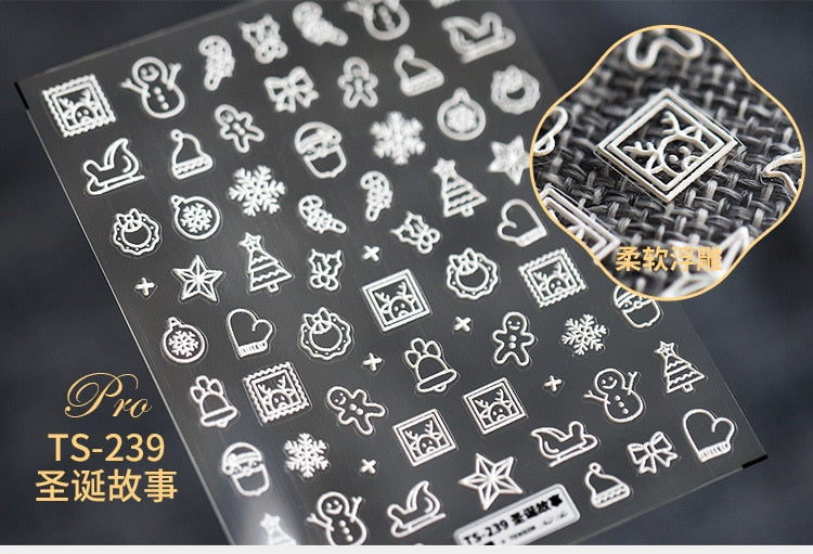 5D Christmas SnowFlake Snowman Nails Art Sticker Pro Frosted Thin Transparent Embossed New Year Nail Art Design Nail Stickers