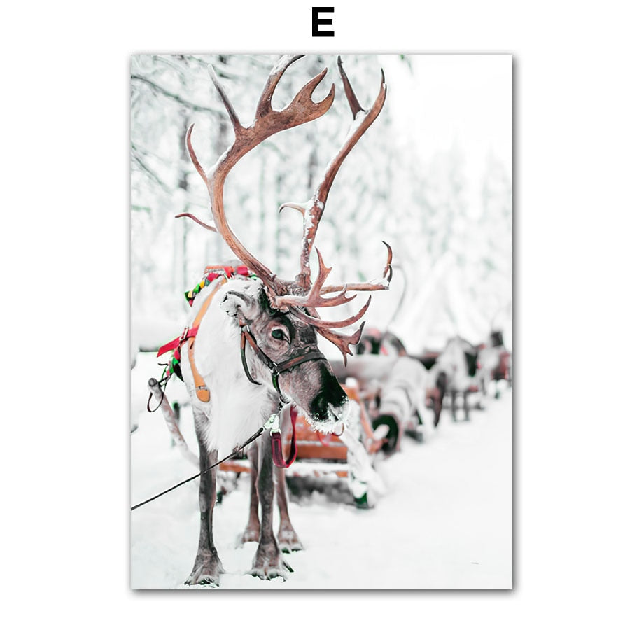 Christmas Red Car Girft Box Deer Snowflake Wall Art Canvas Painting Nordic Posters And Prints Wall Pictures For Living Room Home