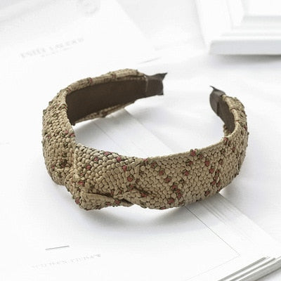 Straw Wide Sponge Plaid Knot Cross Hair Scarf Band Hairband for Women Girl Korea Headbands Fashion Accessorie