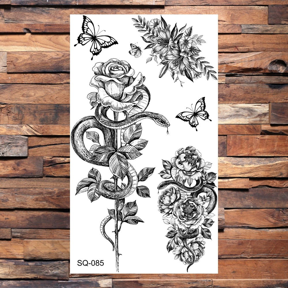 Snake Halloween Skull Temporary Tattoos For Adults Men Realistic Thorns Totem Wolf Lion Fake Tattoo Sticker Leg Arm Tatoos DIY