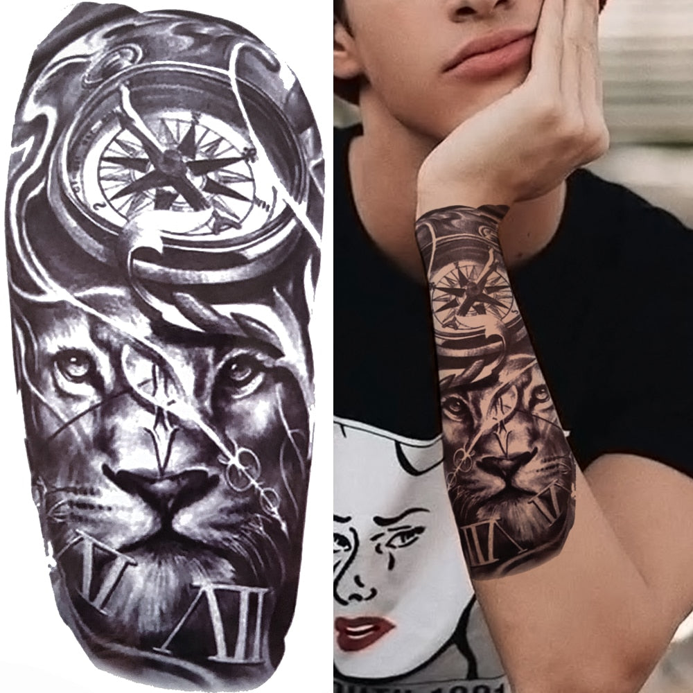 Black Forest Tattoo Sticker For Men Women Children Tiger Wolf Death Skull Temporary Tattoo Fake Henna Skeleton King Animal Tatoo