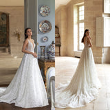 Wedding Dresses Sexy Deep V Neck Open Back Bridal Gowns Custom Made Appliques Beads Lace Sweep Train A-Line Wedding Dress