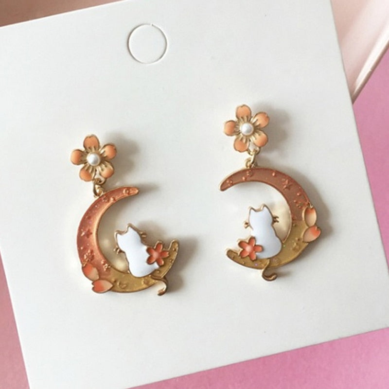 Korean Asymmetrical Cute Animal Cat Dangle Earrings Women Enamel Flower Rabbit Fan Star Moon Balloon Earrings Party Jewelry Gift