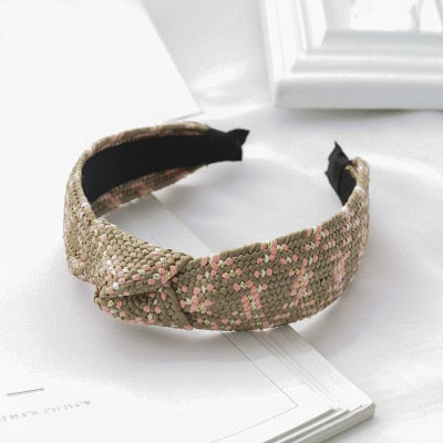 Straw Wide Sponge Plaid Knot Cross Hair Scarf Band Hairband for Women Girl Korea Headbands Fashion Accessorie