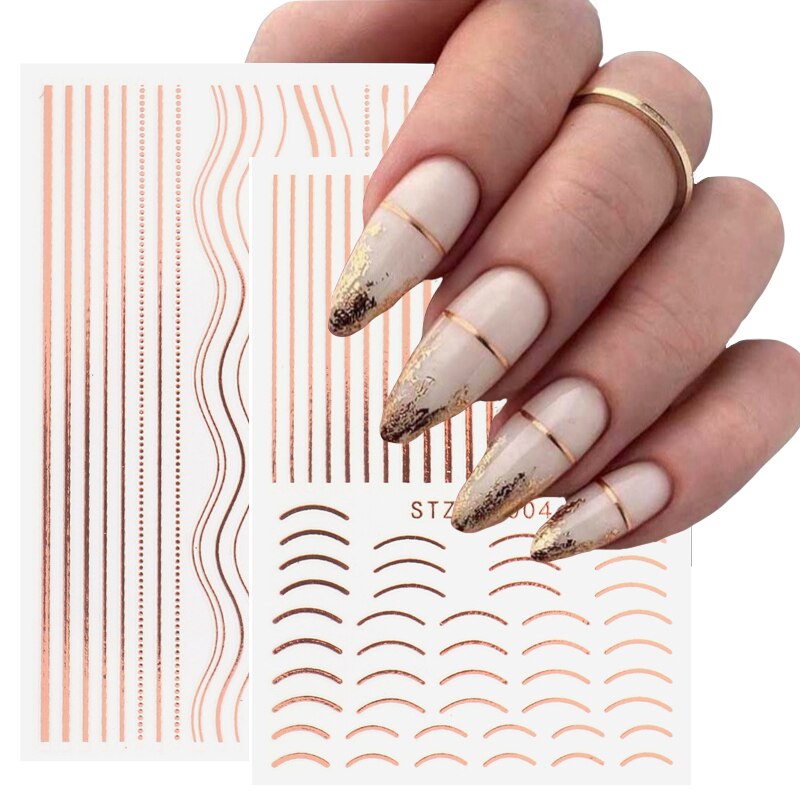 3D Gold Lines Nail Art Stickers Metal Stripe Lines Letters Decals Curve Nails Sliders Self Adhesive Decorations Manicure Tools