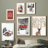 Christmas Red Car Girft Box Deer Snowflake Wall Art Canvas Painting Nordic Posters And Prints Wall Pictures For Living Room Home