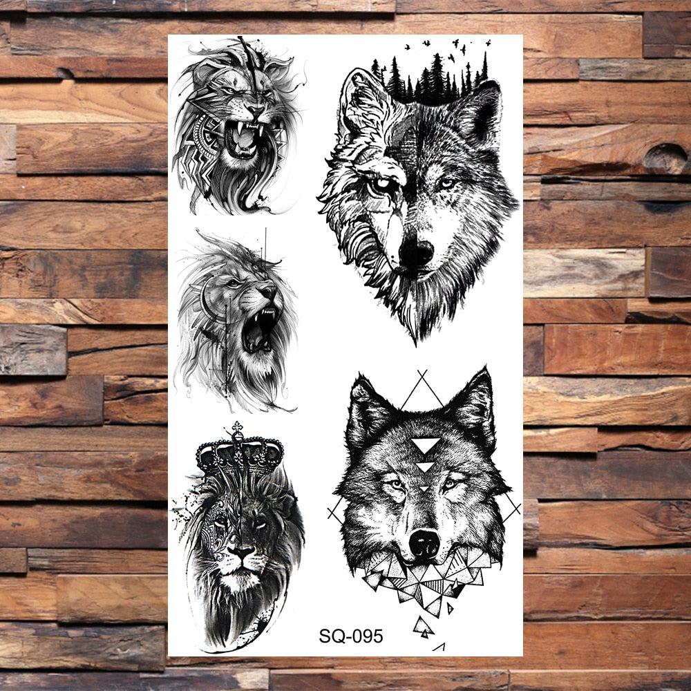 Snake Halloween Skull Temporary Tattoos For Adults Men Realistic Thorns Totem Wolf Lion Fake Tattoo Sticker Leg Arm Tatoos DIY