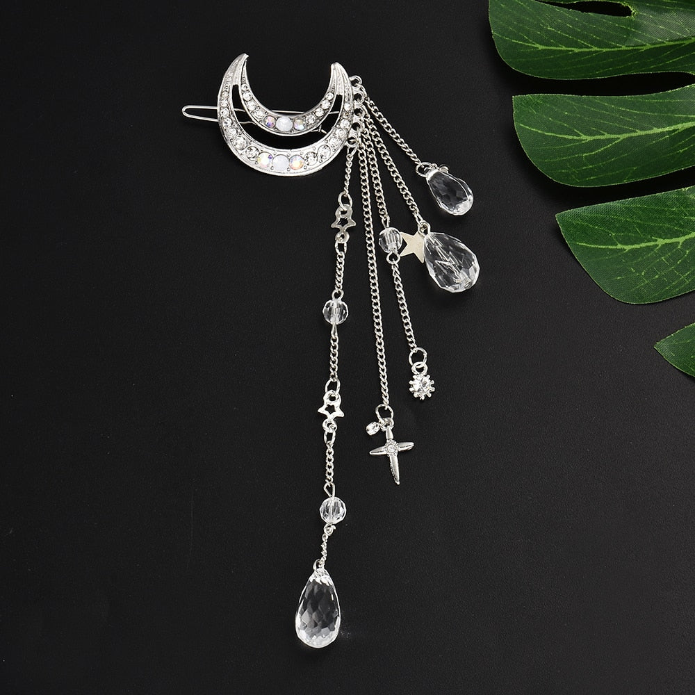 Fashion Elegant Women Hair Bands Lady Moon Rhinestone Crystal Tassel Long Chain Beads Dangle Hairpin Hair Clip Hair Jewelry