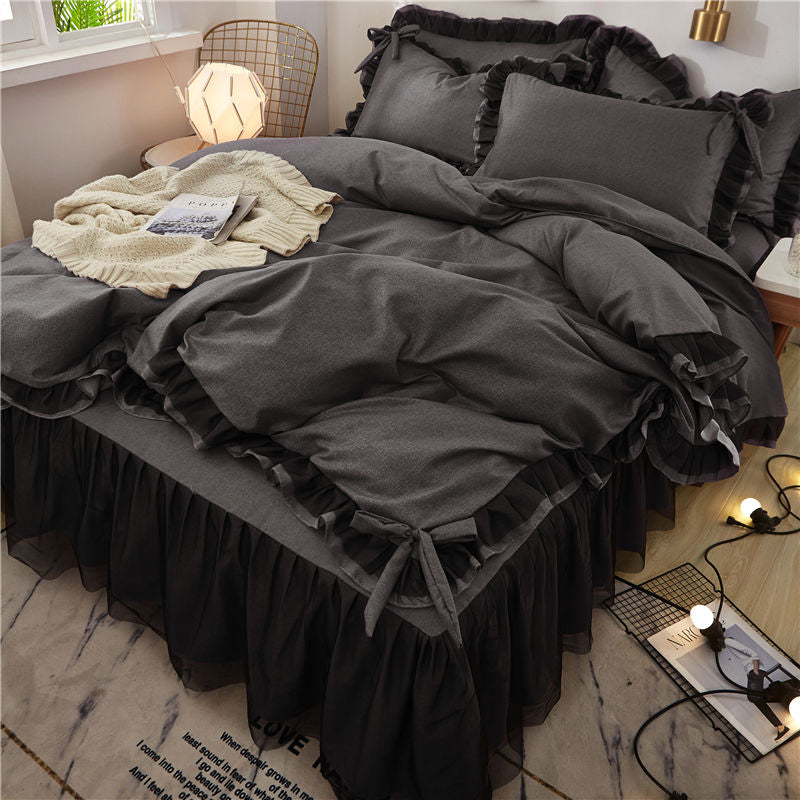 Black lace Bedding Set twin Full Queen King Bedspread princess Duvet Cover set Pillowcase girls lace bed skirt luxury bedclothes