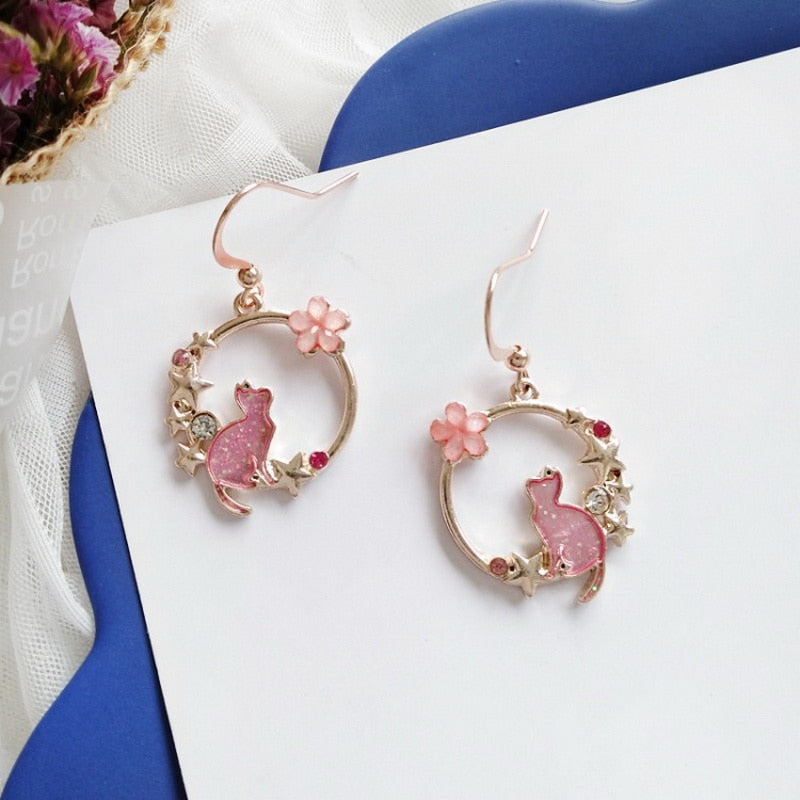 Korean Asymmetrical Cute Animal Cat Dangle Earrings Women Enamel Flower Rabbit Fan Star Moon Balloon Earrings Party Jewelry Gift