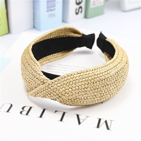 Straw Wide Sponge Plaid Knot Cross Hair Scarf Band Hairband for Women Girl Korea Headbands Fashion Accessorie