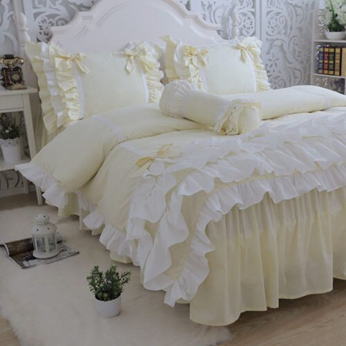 New luxury layers bedding set sweet princess bow ruffle duvet cover wedding bedding pink bed sheet girl baby bed skirt cover