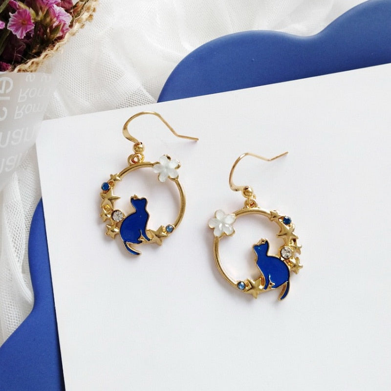 Korean Asymmetrical Cute Animal Cat Dangle Earrings Women Enamel Flower Rabbit Fan Star Moon Balloon Earrings Party Jewelry Gift