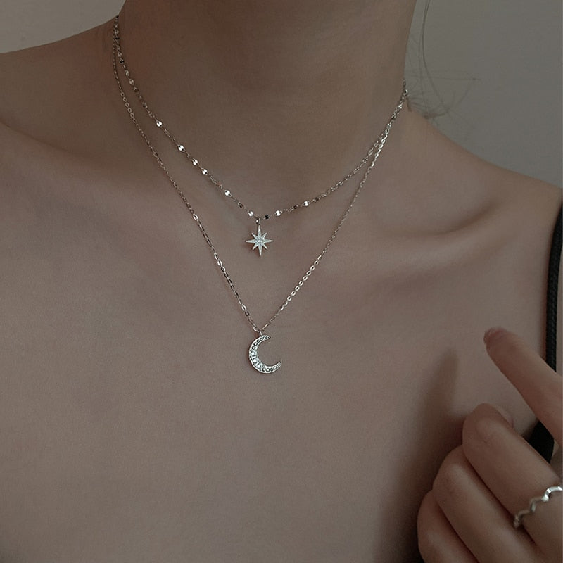 Double Layer Simple Stars Choker Shiny Zircon Moon Pendants Necklaces Girl Gift Fine Jewelry NK092