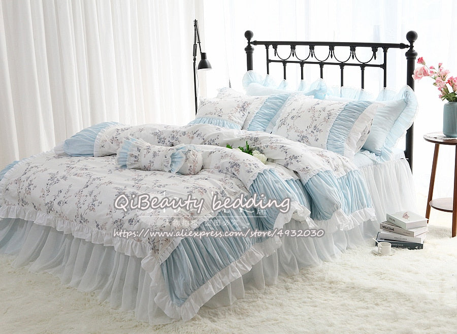 Oklulu Elegant princess style cotton bed skirt quilt cover bedding set with small floral for home