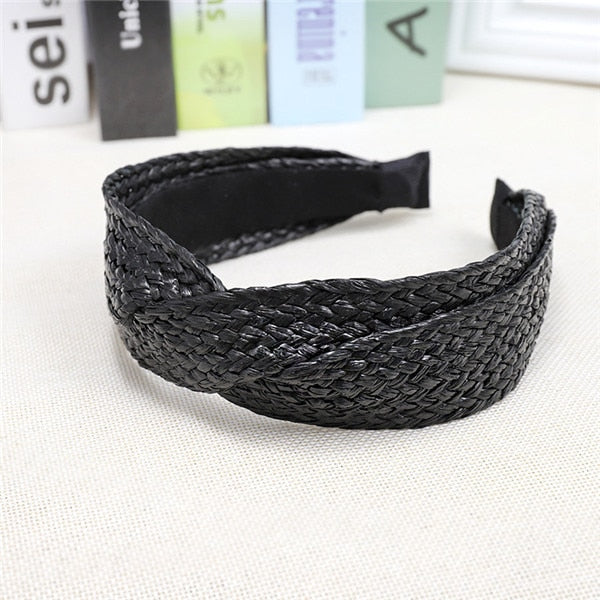 Straw Wide Sponge Plaid Knot Cross Hair Scarf Band Hairband for Women Girl Korea Headbands Fashion Accessorie