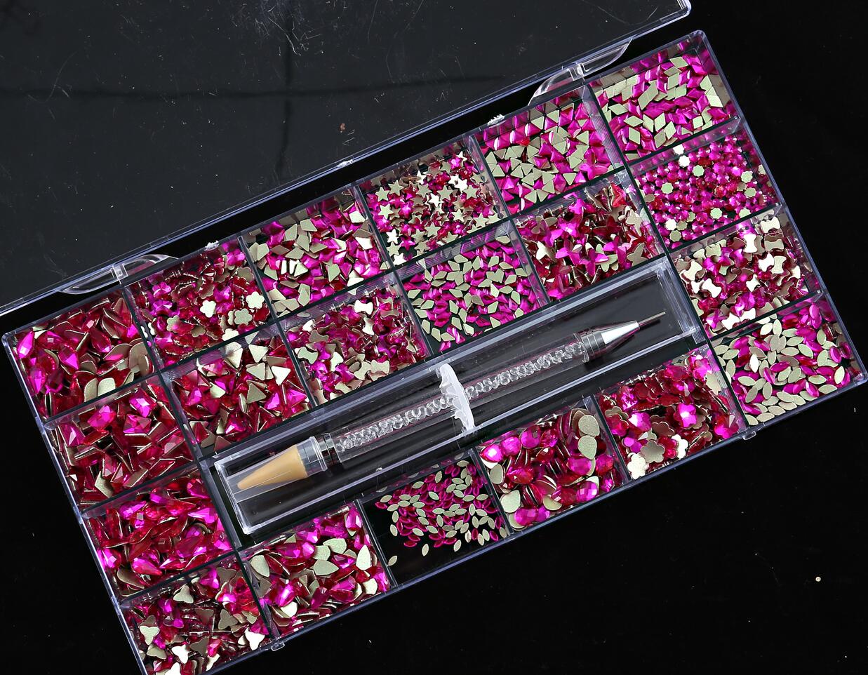 2000PC (20*100) Crystal AB Rhinestone In Grids 20Shape Flat- Back Nail Art Rhinestone With 1 Pick Up Pen In Clear Big Box