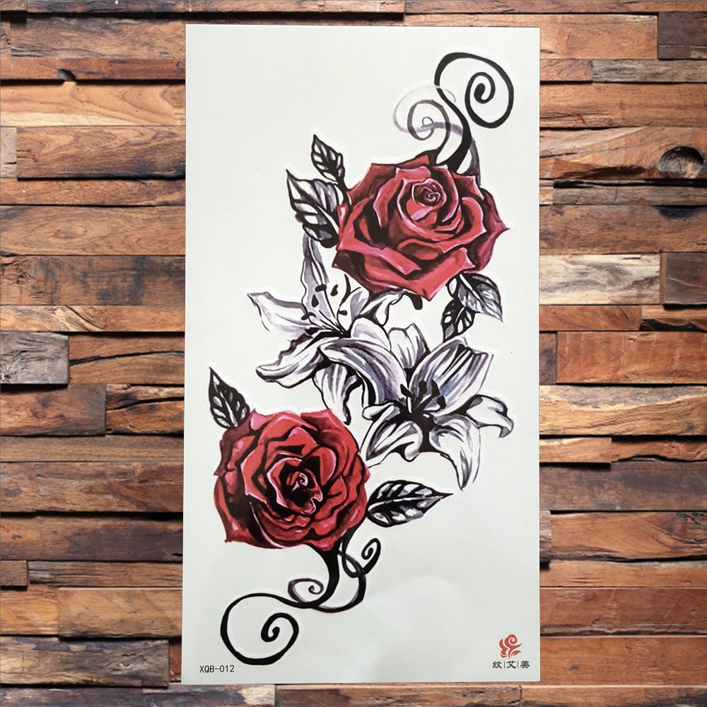 Watercolor Rose Flower Temporary Tattoo For Women Kids Girls Cherry Fake Tattoos Sticker Sexy Lotus Henna Waterproof Tatoo Waist