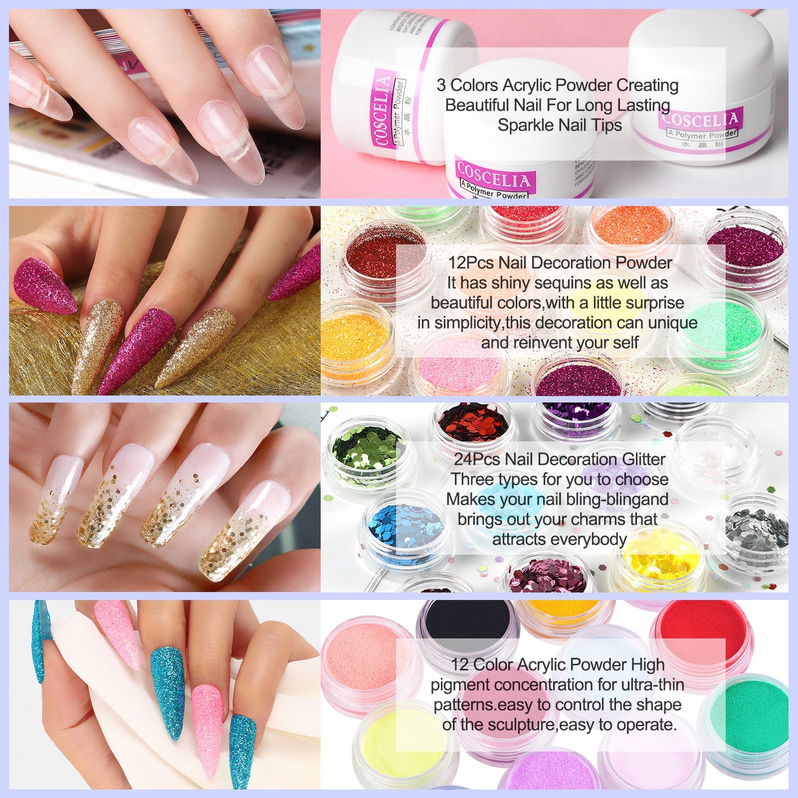 COSCELIA Acrylic Nail Kit Professional Nail Supplies Set Crystal Powder Glitter Manicure Set Nail Art Acrylic Liquid Fake Nails