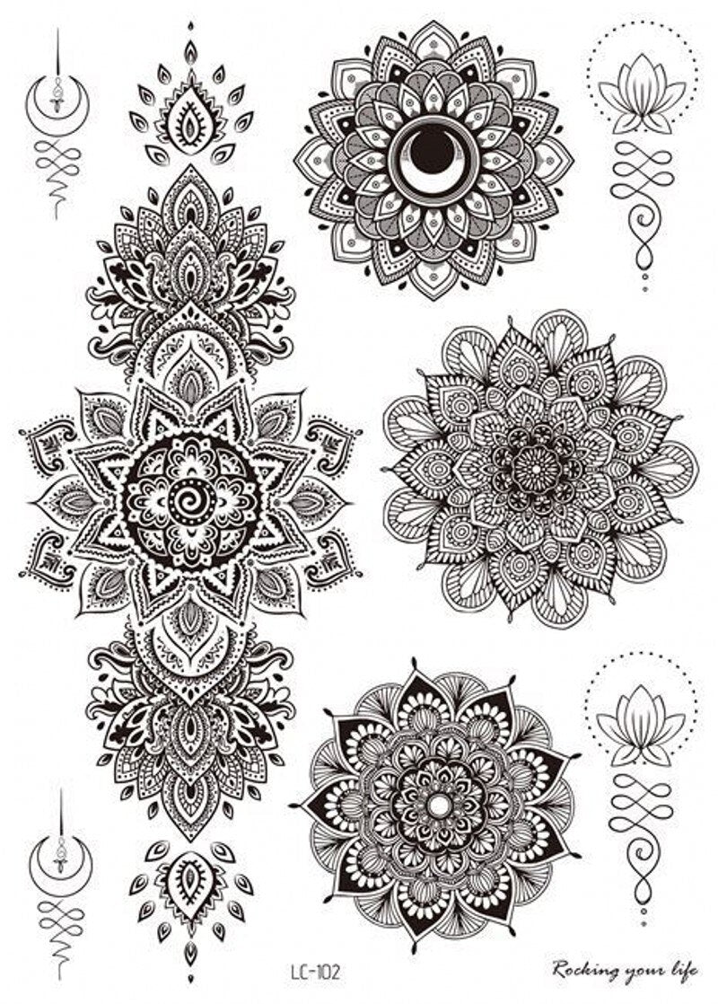 Mandala Flower Tattoo Sticker Black Retro Temporary Waterproof Lasting Hand Back Pattern Body Arm Legs Clavicle Tattoo Sticker