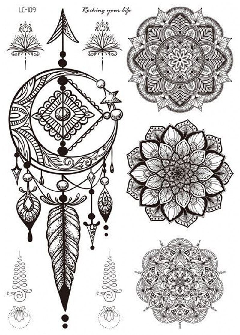 Mandala Flower Tattoo Sticker Black Retro Temporary Waterproof Lasting Hand Back Pattern Body Arm Legs Clavicle Tattoo Sticker