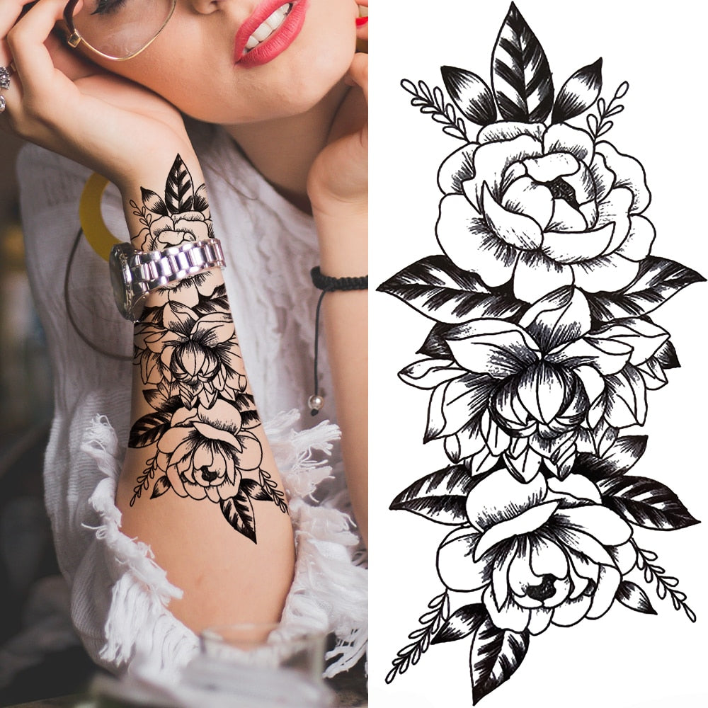 Black Forest Tattoo Sticker For Men Women Children Tiger Wolf Death Skull Temporary Tattoo Fake Henna Skeleton King Animal Tatoo