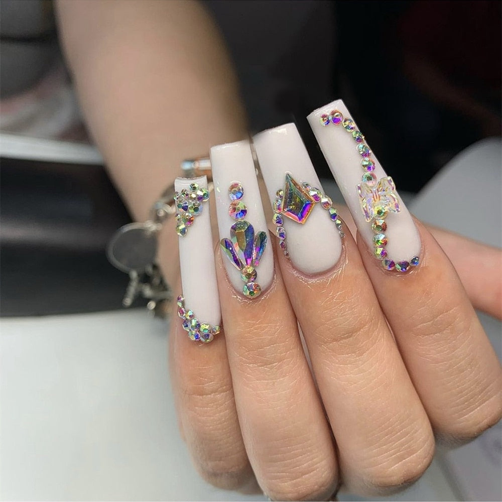 24Pc Extra Long Coffin False Nails Blue And White Porcelain With diamond glitter French Ballerina Fake Nails Full Cover Nail Tip