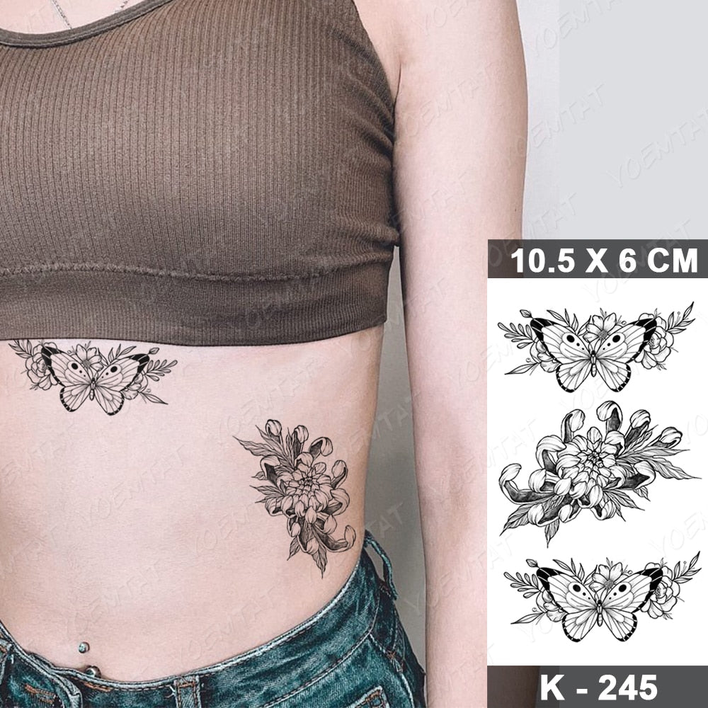 Waterproof Temporary Tattoo Stickers Butterfly Snake Rose Flower Gun Dark Flash Tatto Women Body Art Wrist Neck Fake Tattoos Men