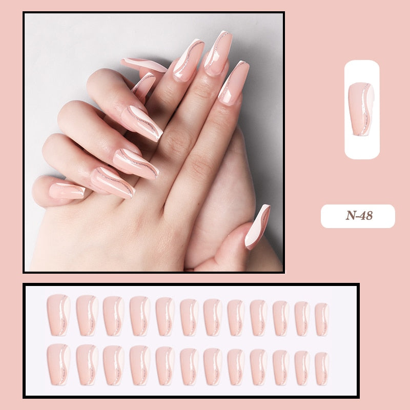 24pcs False Nails Nude Gradient Nail Patch Rhinestone Inlaid Press On Nails Removable Long Paragraph Fashion Manicure nail tips