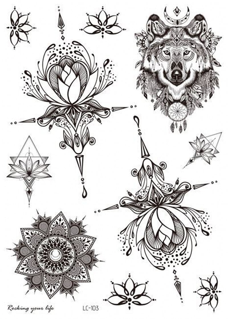 Mandala Flower Tattoo Sticker Black Retro Temporary Waterproof Lasting Hand Back Pattern Body Arm Legs Clavicle Tattoo Sticker