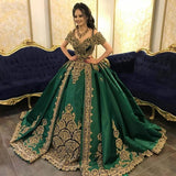 Dark Green Two Pieces Evening Formal Dresses Gold Applique Beaded Kaftan Caftan Arabic Dubai Abaya Prom Gown De Mariage