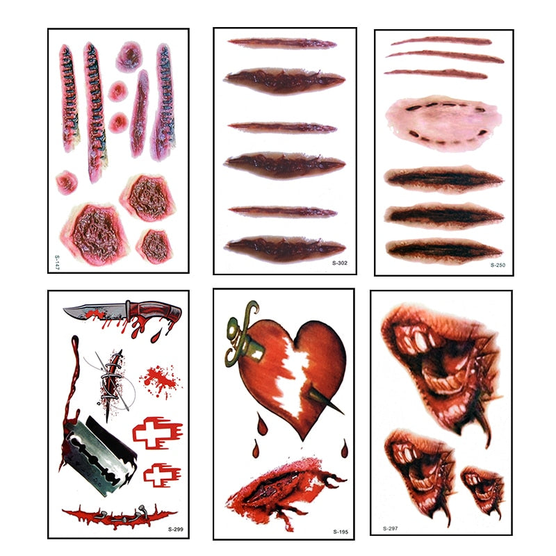 6pcs Halloween Bloody Wound Tattoo Stickers Trick Scary Waterproof Temporary Tattoo DIY Fake Tattoo Halloween Party Decoration